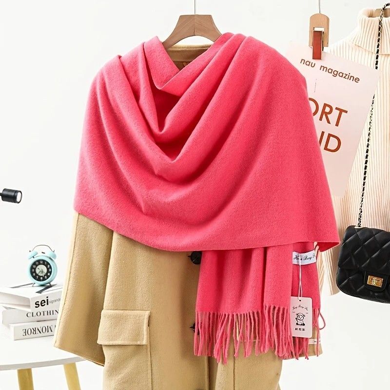 Thick Solid Color Scarf Wrap with Fringe, Soft Cashmere-Look Winter Shawl V1188-MS-617-075