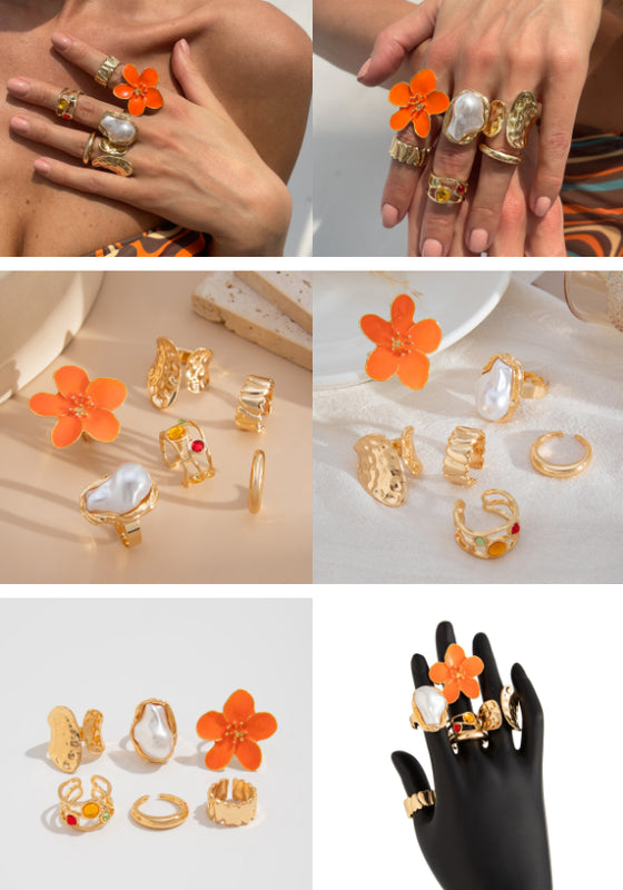 6-Piece Gold Stackable Ring Set with White Enamel Flower and Baroque Pearl, Adjustable Women's Jewelry V1188-MS-617-077