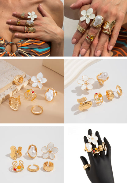 6-Piece Gold Stackable Ring Set with White Enamel Flower and Baroque Pearl, Adjustable Women's Jewelry V1188-MS-617-077