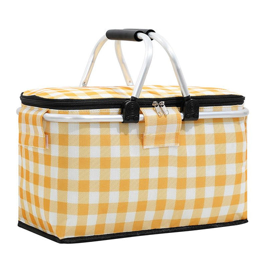 18L Insulated Picnic Basket with Aluminum Frame, Collapsible Cooler Bag, Yellow Plaid, 40 x 20 x 23 cm V1188-MS-617-078