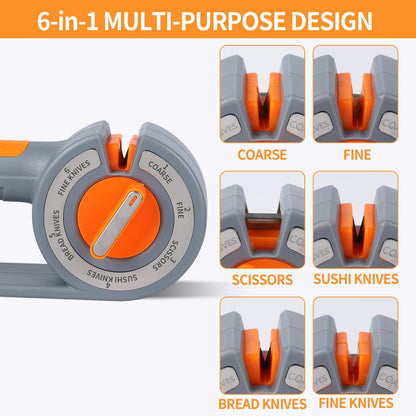 6-in-1 Rotary Knife Sharpener, Adjustable Multi-Function Sharpener for Kitchen Knives and Scissors, Gray V1188-MS-617-095