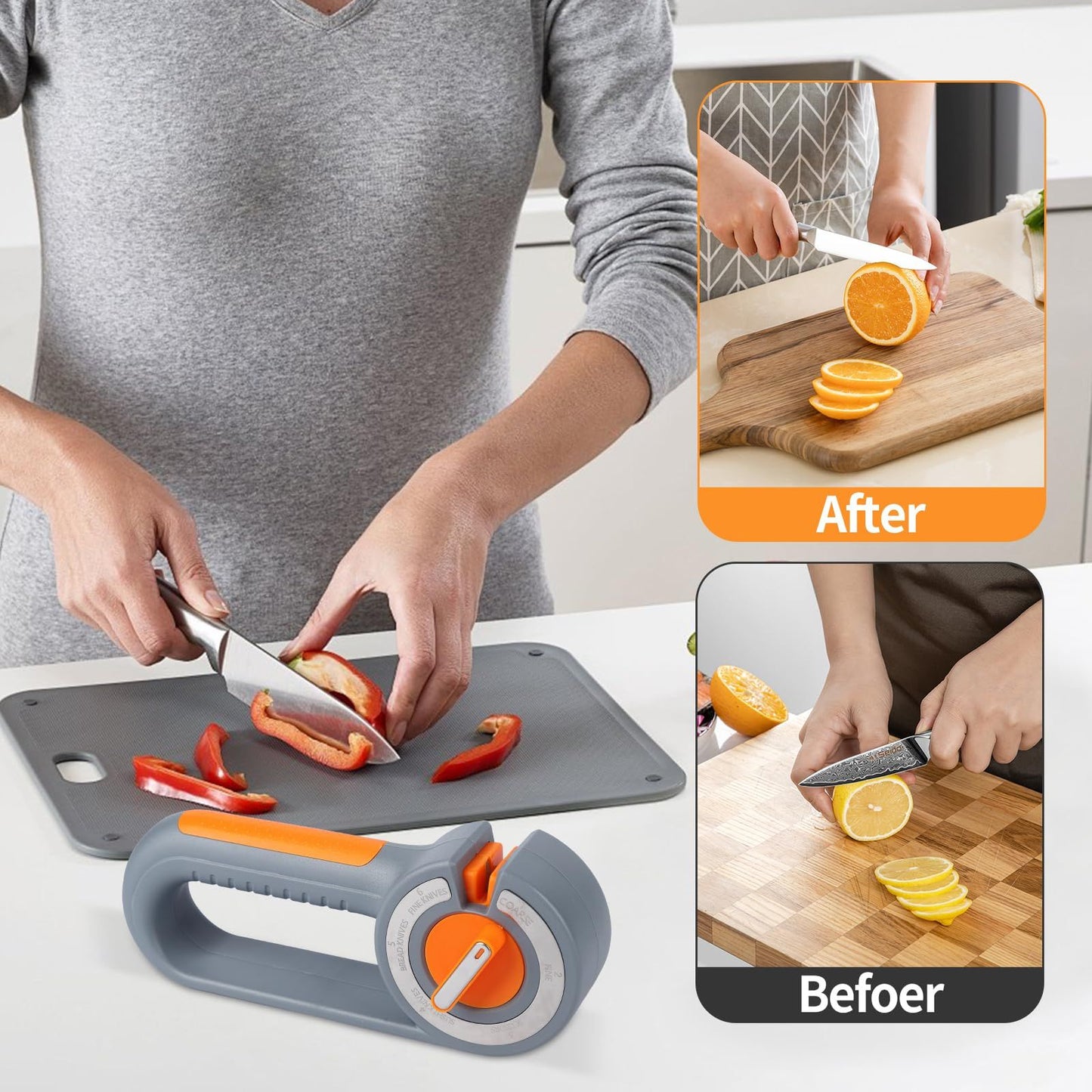 6-in-1 Rotary Knife Sharpener, Adjustable Multi-Function Sharpener for Kitchen Knives and Scissors, Gray V1188-MS-617-095