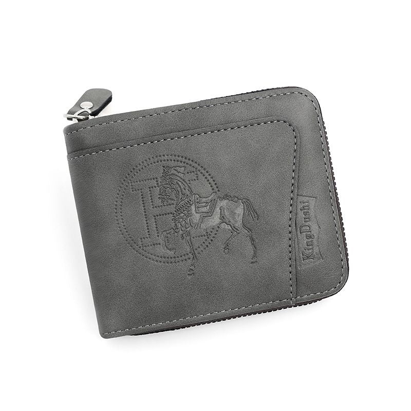 Men's PU Leather Wallet with Zipper and Horse Embossed Design, Multi-Card Bifold Wallet, Grey V1188-MS-617-111