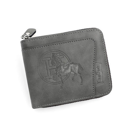 Men's PU Leather Wallet with Zipper and Horse Embossed Design, Multi-Card Bifold Wallet, Grey V1188-MS-617-111