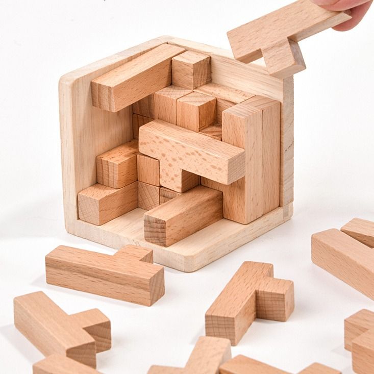 Wooden Brain Teaser Puzzle, 3D Cube Block Puzzle for Adults, 2.75 Inches V1188-MS-617-115