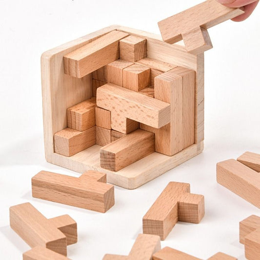 Wooden Brain Teaser Puzzle, 3D Cube Block Puzzle for Adults, 2.75 Inches V1188-MS-617-115
