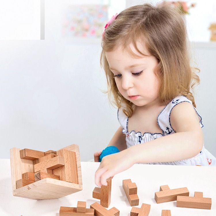 Wooden Brain Teaser Puzzle, 3D Cube Block Puzzle for Adults, 2.75 Inches V1188-MS-617-115