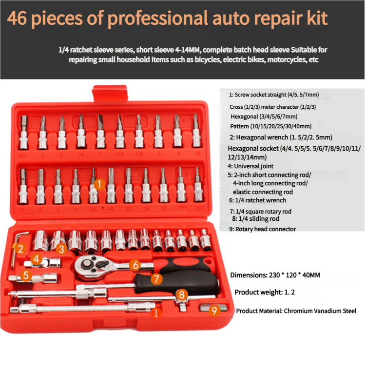 46-Piece 1/4 Inch Drive Socket Wrench Set, Chrome Vanadium Ratchet and Bit Kit, Black Case V1188-MS-617-121