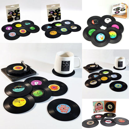 6 Pack Vinyl Record Drink Coasters with Record Player Holder, Retro Cup Mats, 10.5 cm V1188-MS-617-130