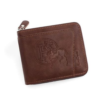 Men's Leather Wallet with Zipper and Horse Embossed Design, Multi-Card Bifold Wallet, Dark Brown V1188-MS-617-133