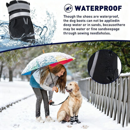 4 Piece Waterproof Dog Boots with Fleece Lining Non Slip Sole Black, Size XL