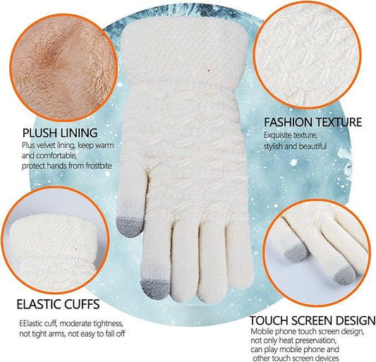 Womens Touchscreen Winter Gloves Thermal Knitted Fleece Lined White