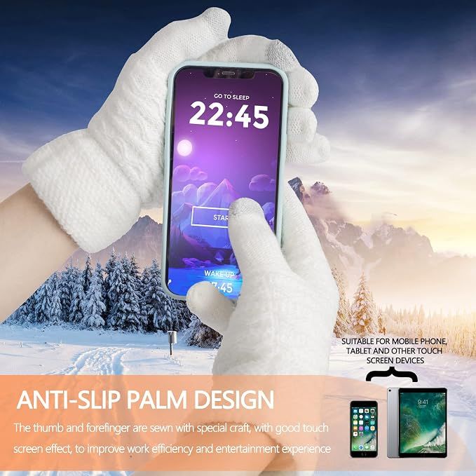 Womens Touchscreen Winter Gloves Thermal Knitted Fleece Lined White