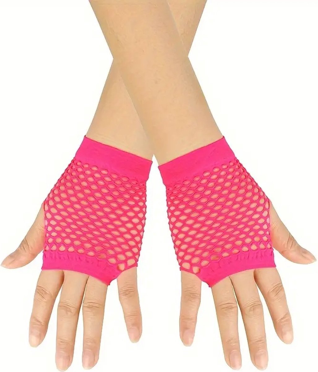 Fisnet Gloves | Erotic Gloves | Costume Gloves | Half Finger | 1 Pair | Neon Pink V1188-MS101-00017-1