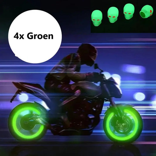Glow In Dark Valve Caps | Car Valve Cap | Skull | Also For Motorcycle, Bicycle, Scooter | Set of 4 | Green V1188-MS101-00157-1