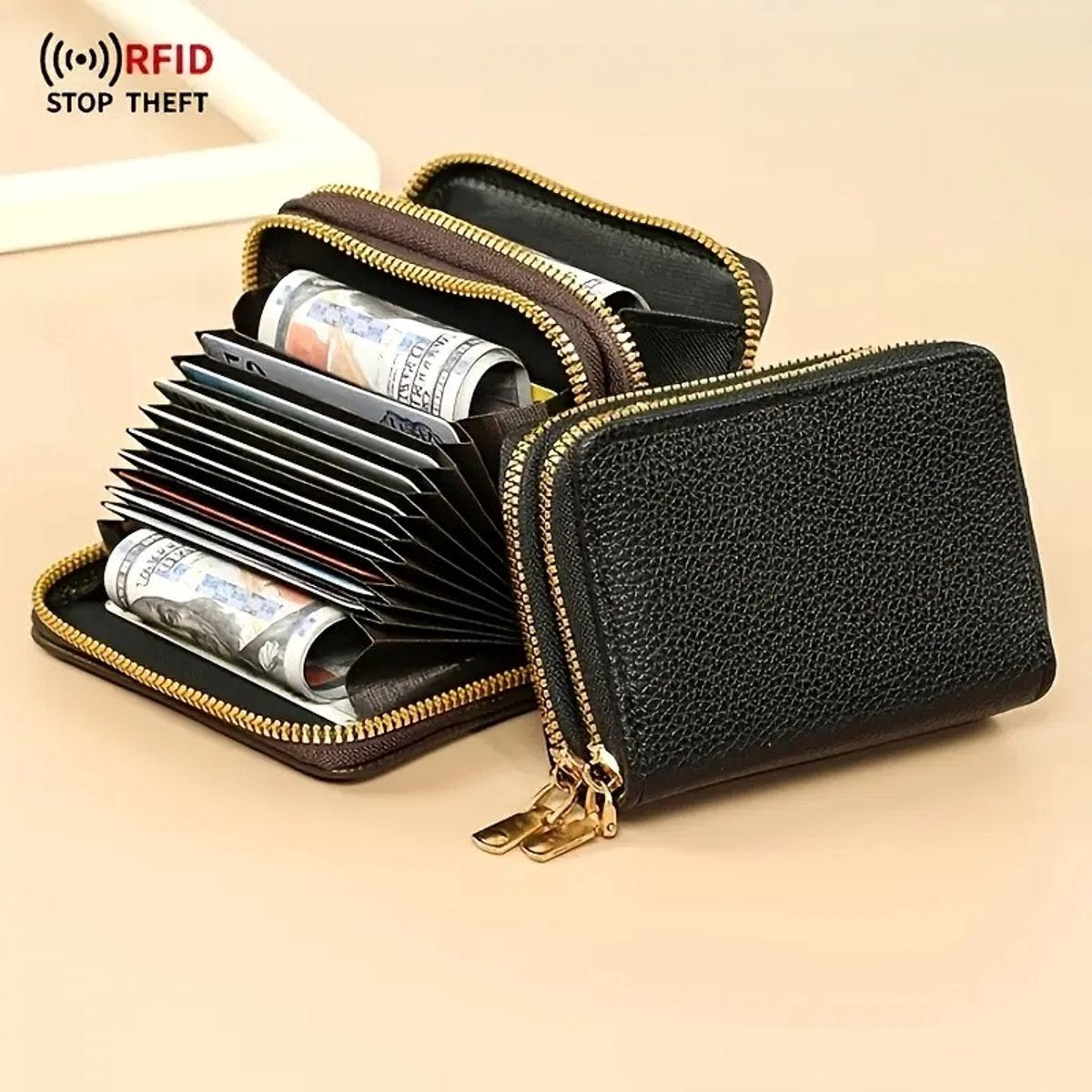 Luxury Double Zipper Wallet & Card Holder | Wallet | For Letters, 11 Cards & Coins | PU Leather | Black V1188-MS101-00164-1