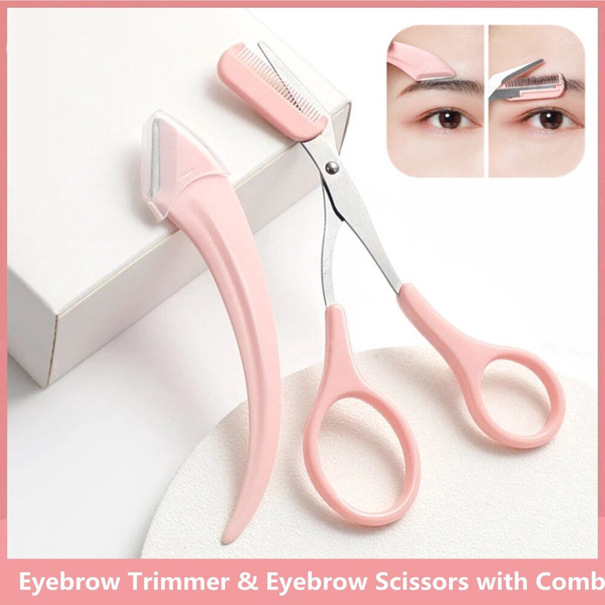 Eyebrow Scissors | Small Eyebrow Scissors | Eyebrow Comb | Scissors and Trimmer | With 2 Eyebrow Blades | Pink V1188-MS101-00172-1