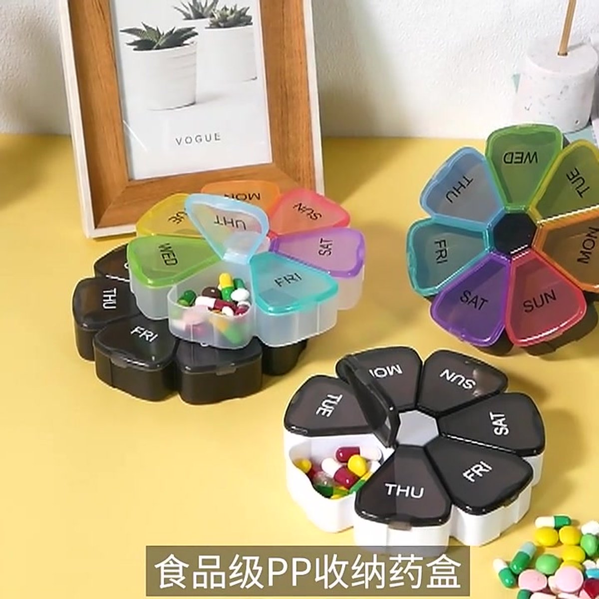 Round Flower Medicine Box | Pill Box | Pill Box | Medicine Box | Pill Box | 7 Days | Black V1188-MS101-00187-1