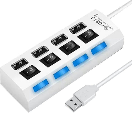 HI Speed 4-Port USB 2.0 Hub I Hub Splitter I On/Off Switch I LED I Up to 480 MB/s I White V1188-MS101-00196-1
