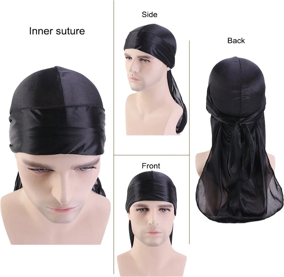 Durag Bandana | Silky Soft | Headscarf | Headband | Hairnet | Unisex | Black V1188-MS101-00210-1