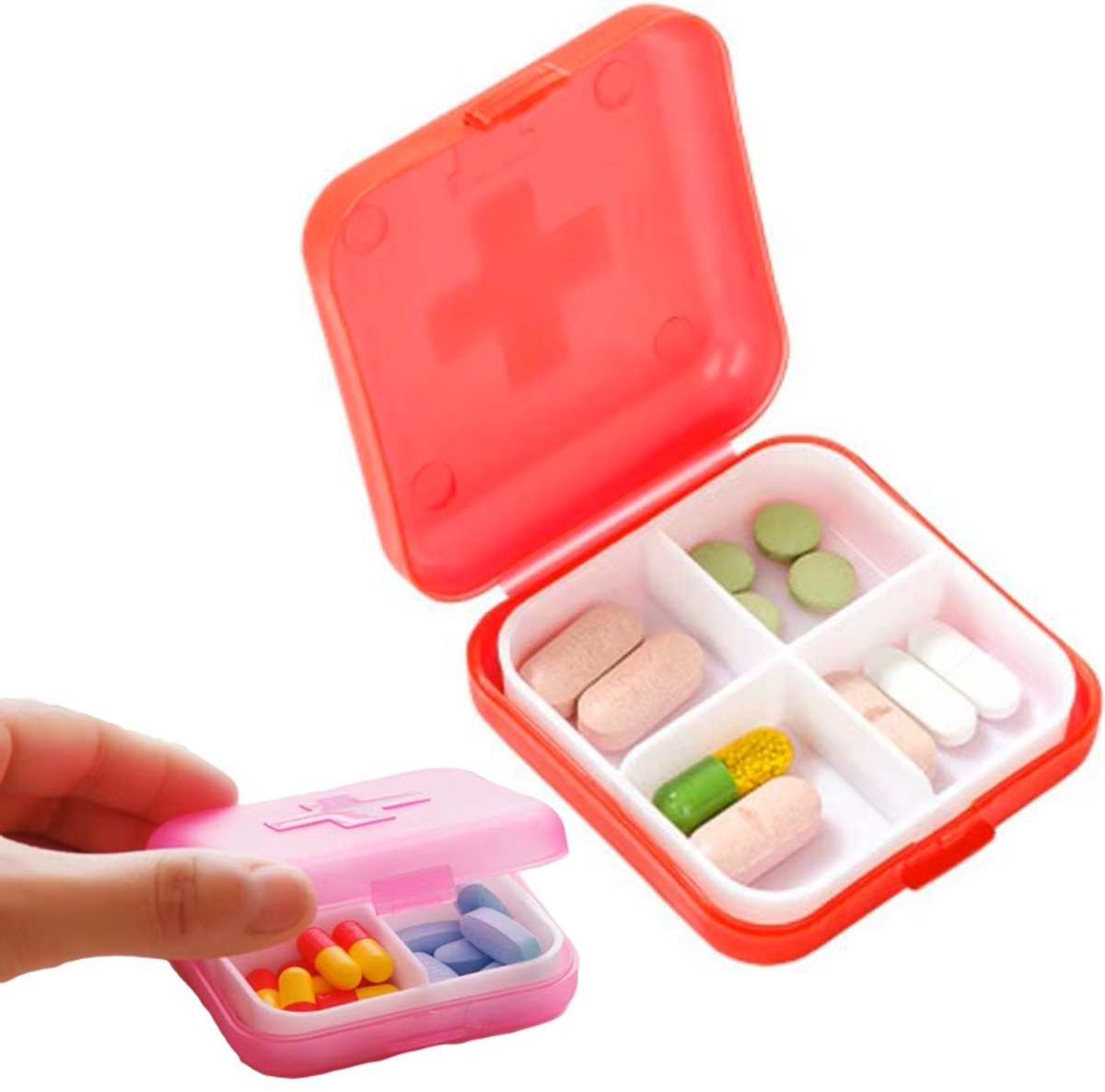Medicine box | Pill box | Pill case | 4 compartments | Sealed | Red V1188-MS101-00352-1