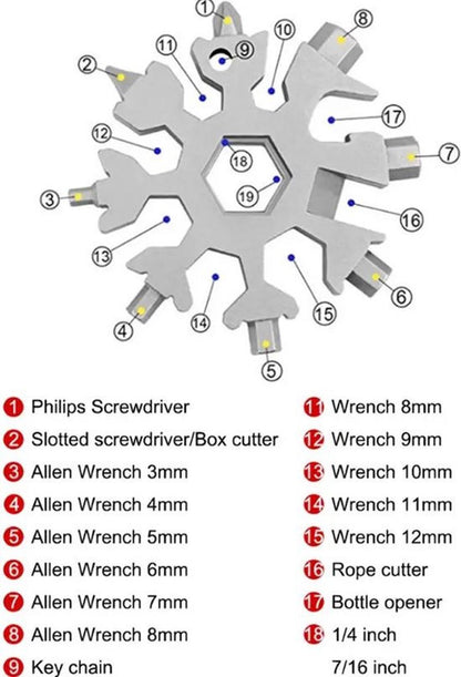 18 in 1 Multipocket Tool | 18 Functions | Stainless Steel | Multitool Keychain | Bicycle Tools | Snowflake | V1188-MS101-00372-1