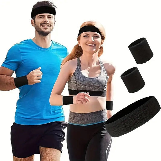 Set of Headband and 2x Wristbands Set | Sweatband | Sweatbands | Head and Wrist | Sports Bands | Black V1188-MS101-00392-1