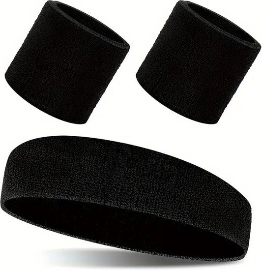 Set of Headband and 2x Wristbands Set | Sweatband | Sweatbands | Head and Wrist | Sports Bands | Black V1188-MS101-00392-1