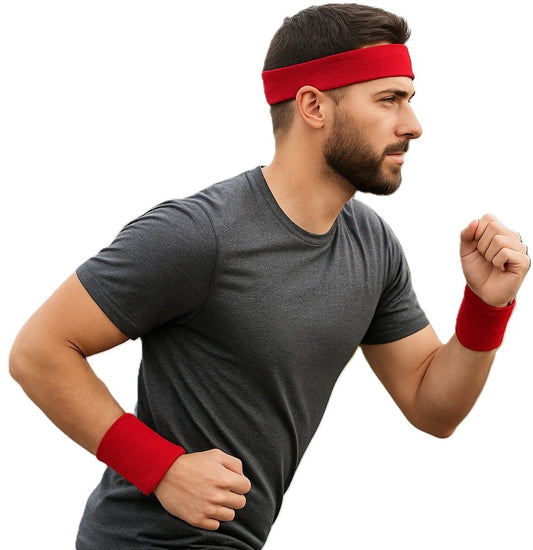 Set of Headband and 2x Wristbands Set | Sweatband | Sweatbands 6x8 CM | Head and Wrist | Sports Bands | Red V1188-MS101-00450-1