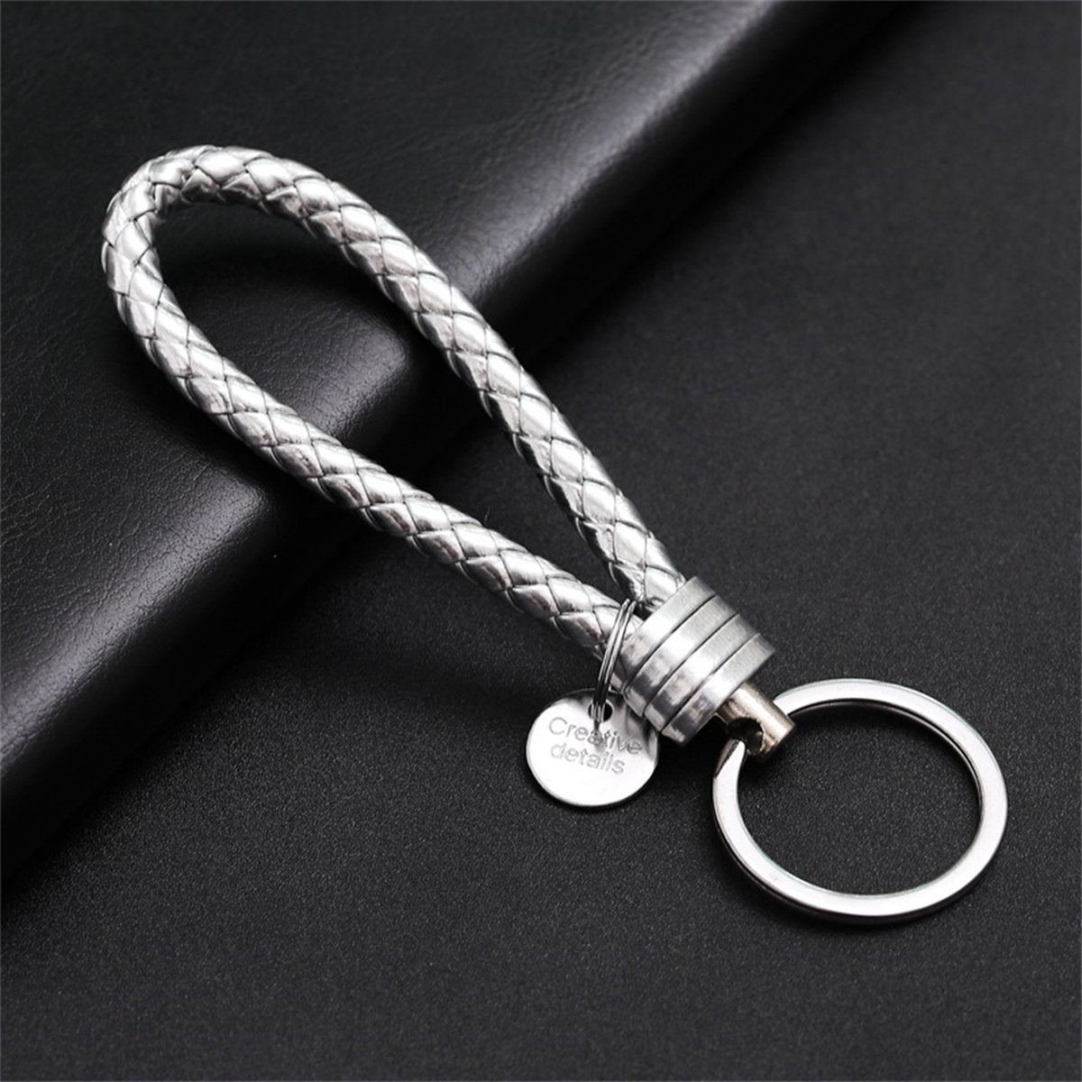 Luxury PU Leather Keychain | Key Holder | Woven Keychain | Universal | Silver V1188-MS101-00467-1