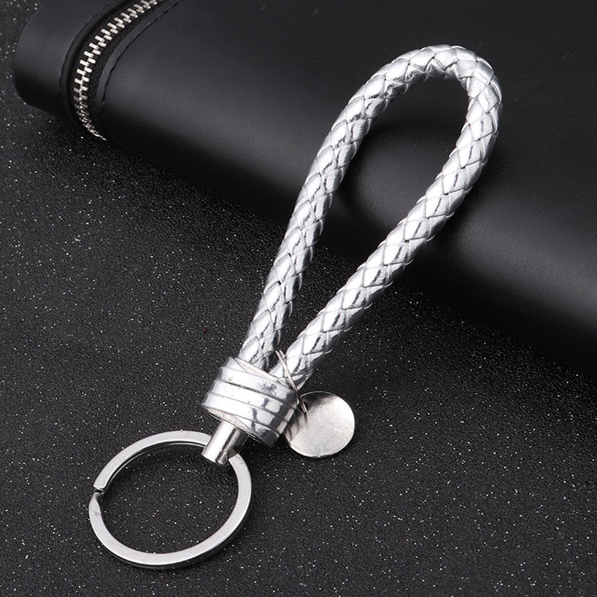 Luxury PU Leather Keychain | Key Holder | Woven Keychain | Universal | Silver V1188-MS101-00467-1