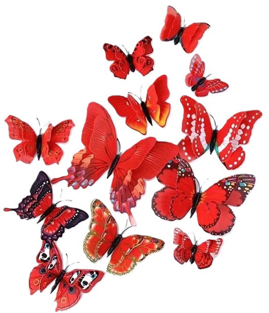 3D Wall Decoration Butterflies 12 Pieces | Wall Butterflies | Butterfly Wall Stickers | Red V1188-MS101-00486-1