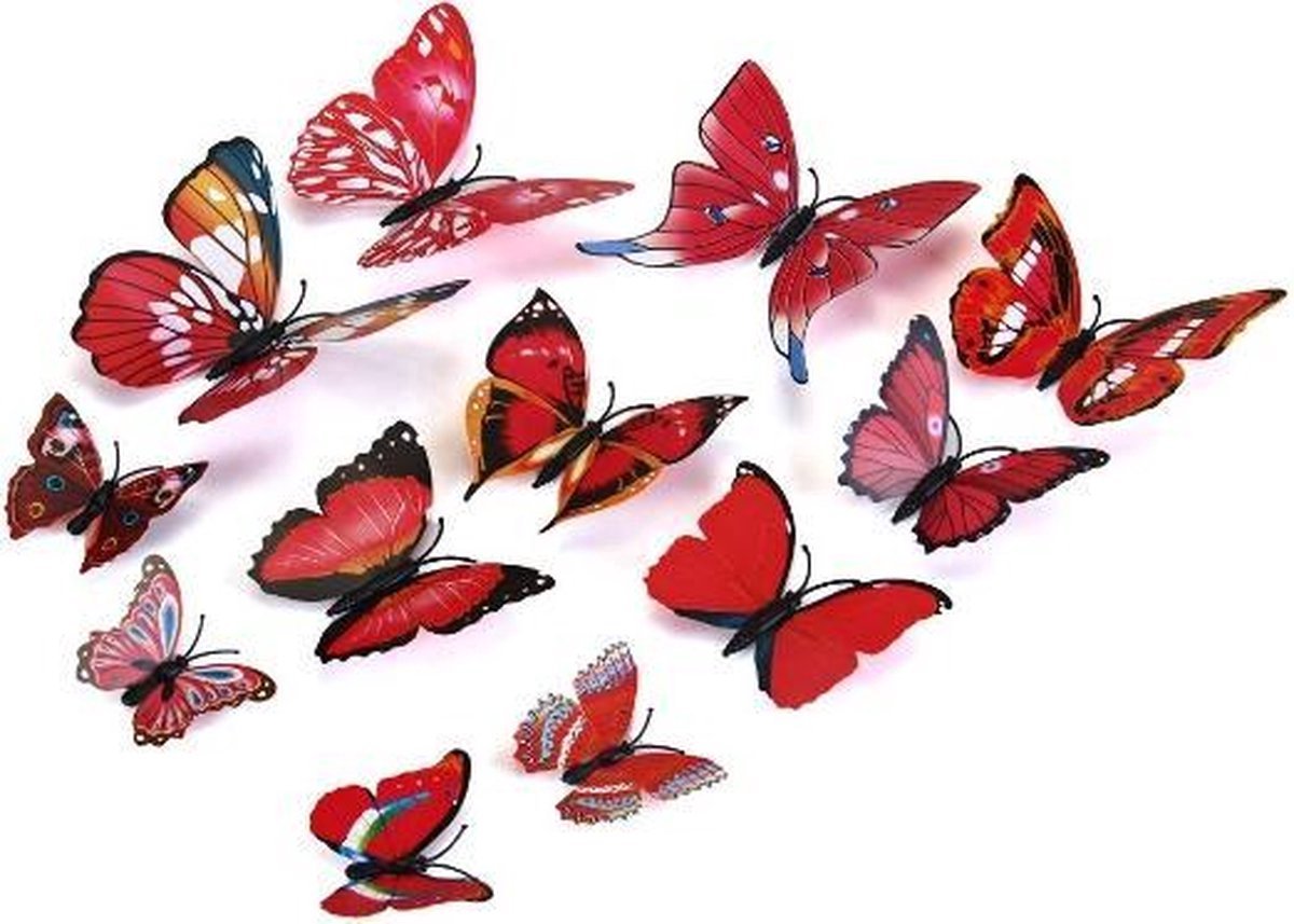 3D Wall Decoration Butterflies 12 Pieces | Wall Butterflies | Butterfly Wall Stickers | Red V1188-MS101-00486-1