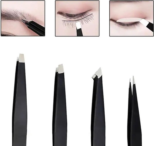 4-Piece Eyebrow Plucking Tweezers Set | Eyebrow Hair Removal | Tweezers | Facial Hair Removal | Black V1188-MS101-00567-1