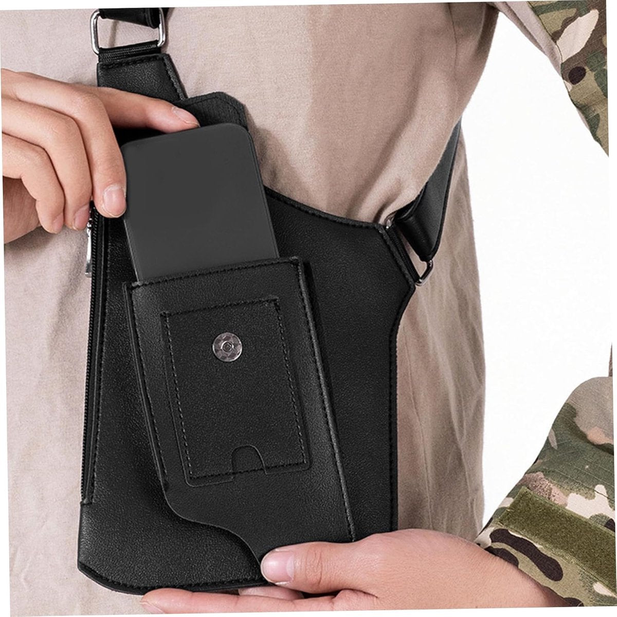 Shoulder bag with shoulder strap - leather shoulder pads - concealed leather wallet under the arm - V1188-MS101-00619-1