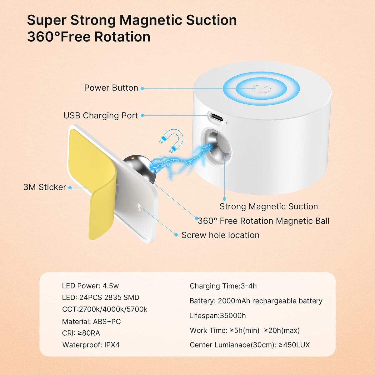 Wireless Rechargeable LED Wall Lamp Indoor White - 3 Colors/3 Brightness Levels - 360 degrees Rotatable V1188-MS101-00636-1