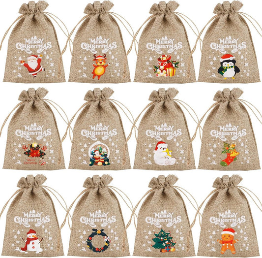 12 jute Christmas gift bags with drawstring - reusable linen bags - for holidays, birthdays, and New Year's V1188-MS101-00639-1