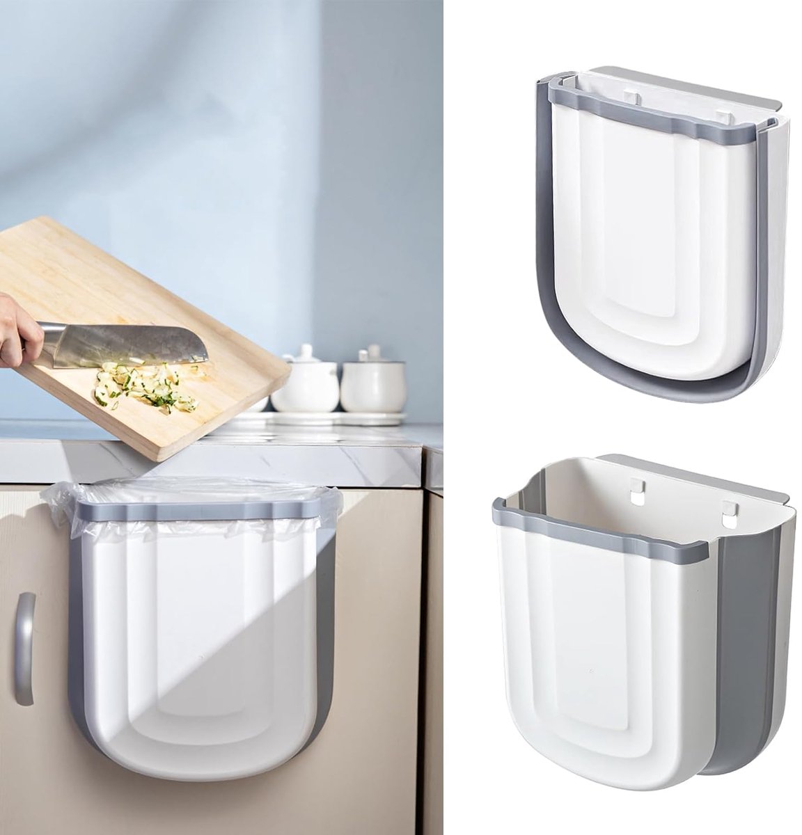 Foldable hanging trash can - Small 2.4 gallon waste bin for countertop and cabinet - Wall-mounted plastic V1188-MS101-00645-1