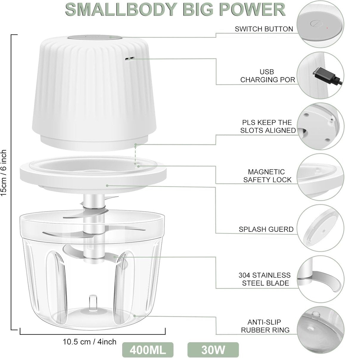Kitchen Mixer - 400ML Large Capacity - 6 Blades Chopper - USB Rechargeable - Kitchen Must-Have for Home Use V1188-MS101-00677-1