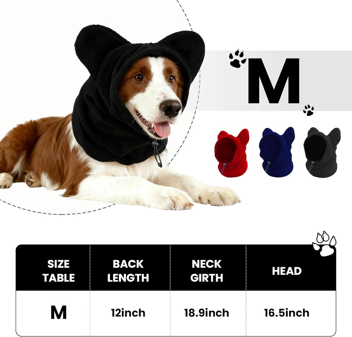 Dog emergency winter cone with ear protection, fleece neck warmer for dogs, (black, M) V1188-MS101-00706-1