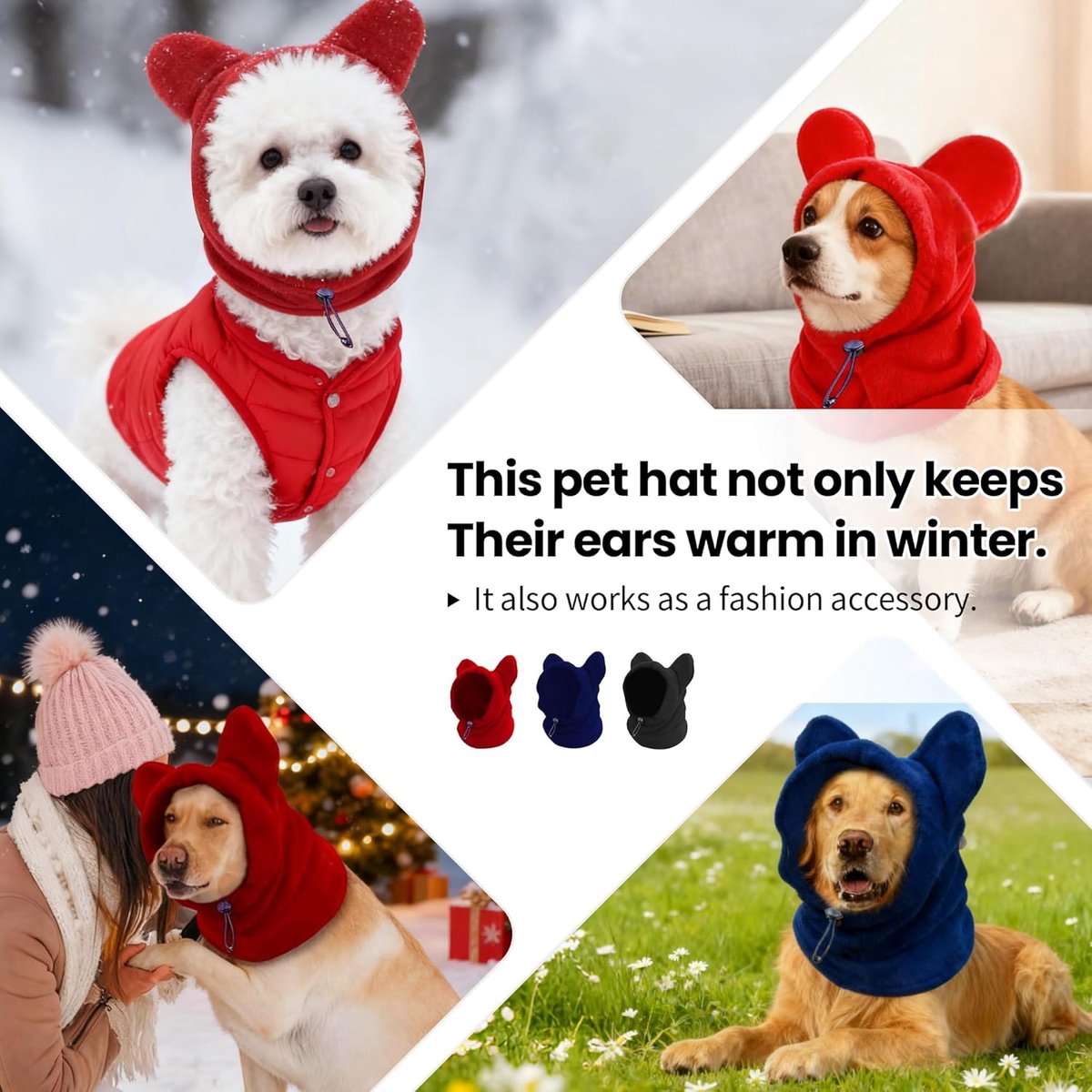 Dog emergency winter cone with ear protection, fleece neck warmer for dogs, (black, M) V1188-MS101-00706-1