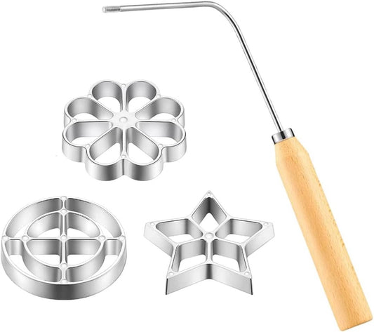 4-Piece Rosette Shaper Set - Cast Aluminum with Wooden Handle - For Coffee Cookies, Bunuelos & Funnel Cookies V1188-MS101-00728-1