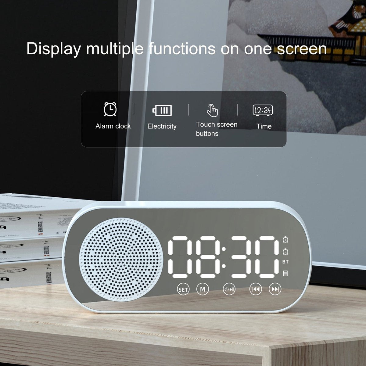 Bluetooth speaker alarm clock - with LED mirror display, radio, weather forecast - two high-volume alarms - V1188-MS101-00732-1