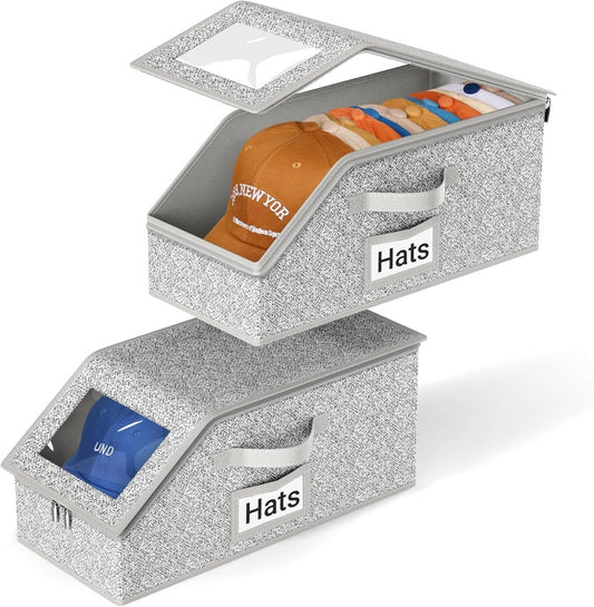 2-Pack Storage Boxes for Caps - Storage Solution for Up to 24 Baseball Caps - Stackable 2-in-1 Hat Box V1188-MS101-00735-1