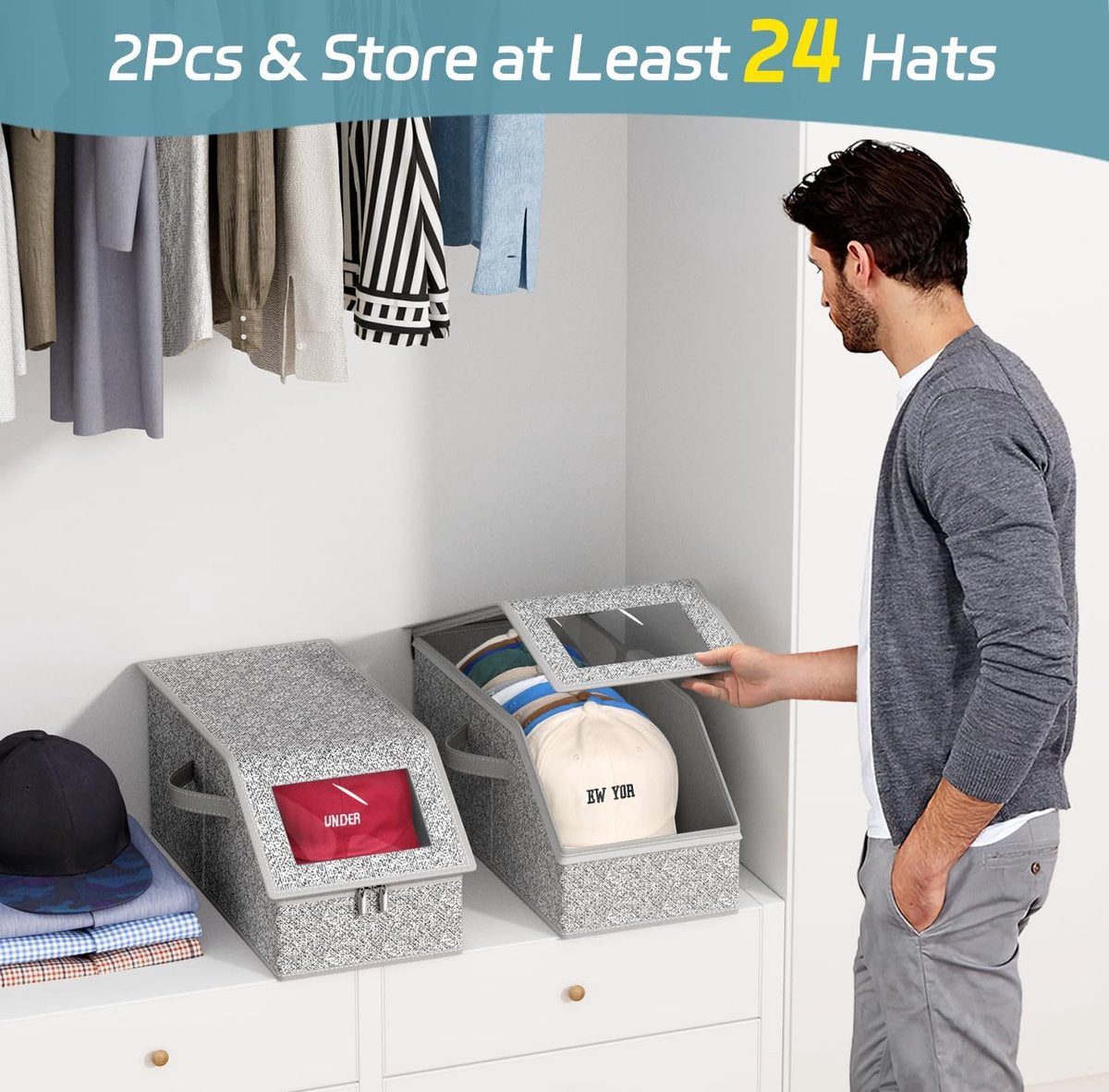 2-Pack Storage Boxes for Caps - Storage Solution for Up to 24 Baseball Caps - Stackable 2-in-1 Hat Box V1188-MS101-00735-1