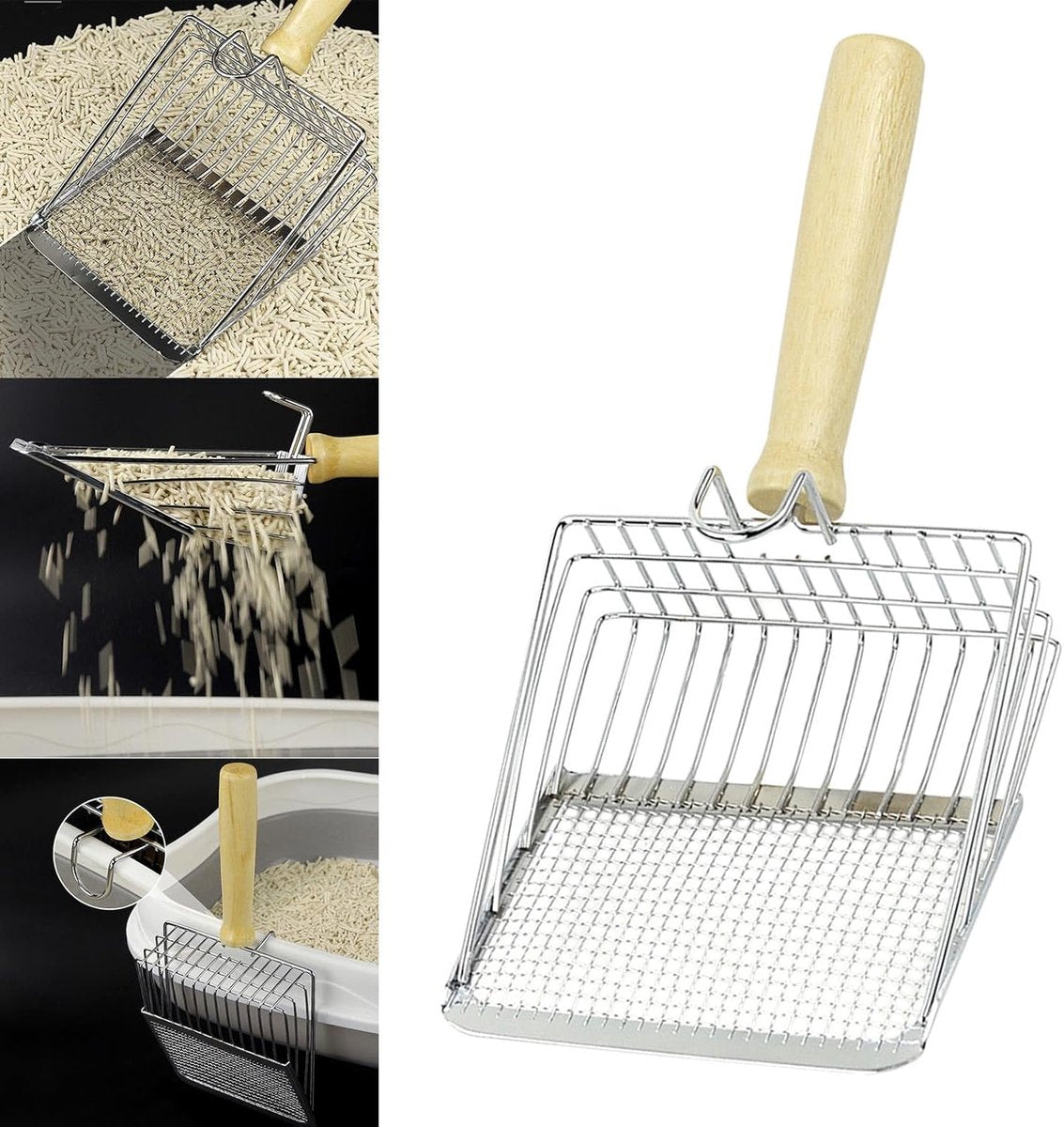 Stainless Steel Cat Litter Scoop with Wooden Handle - Two-in-One Function - Standard Included V1188-MS101-00736-1