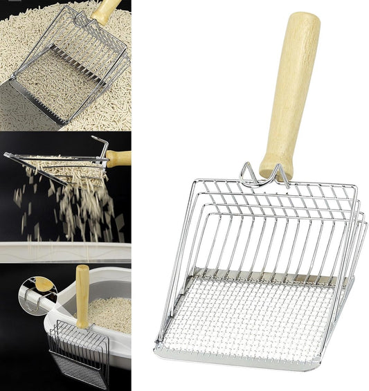 Stainless Steel Cat Litter Scoop with Wooden Handle - Two-in-One Function - Standard Included V1188-MS101-00736-1