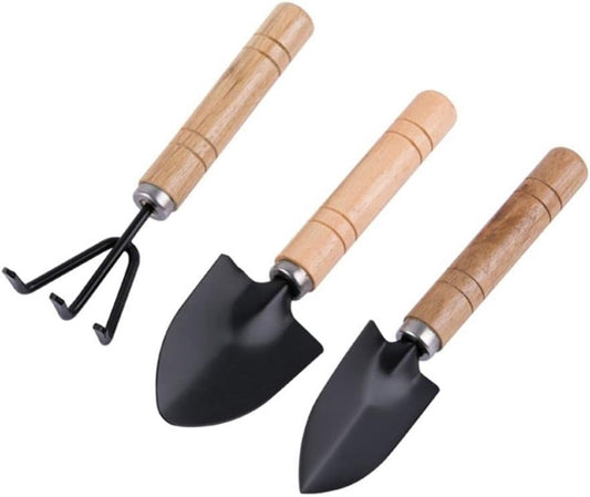 3-Piece Garden Tool Set - Wooden Handle Design - Garden Trowel, Rake and Soil Shovel - For Pots and Plants V1188-MS101-00748-1