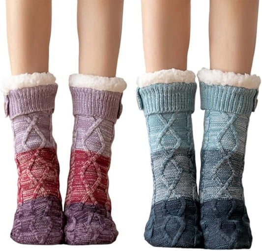 Two pairs of knitted fleece socks for women - warm, comfortable, soft and fluffy sleep socks for winter V1188-MS101-00764-1