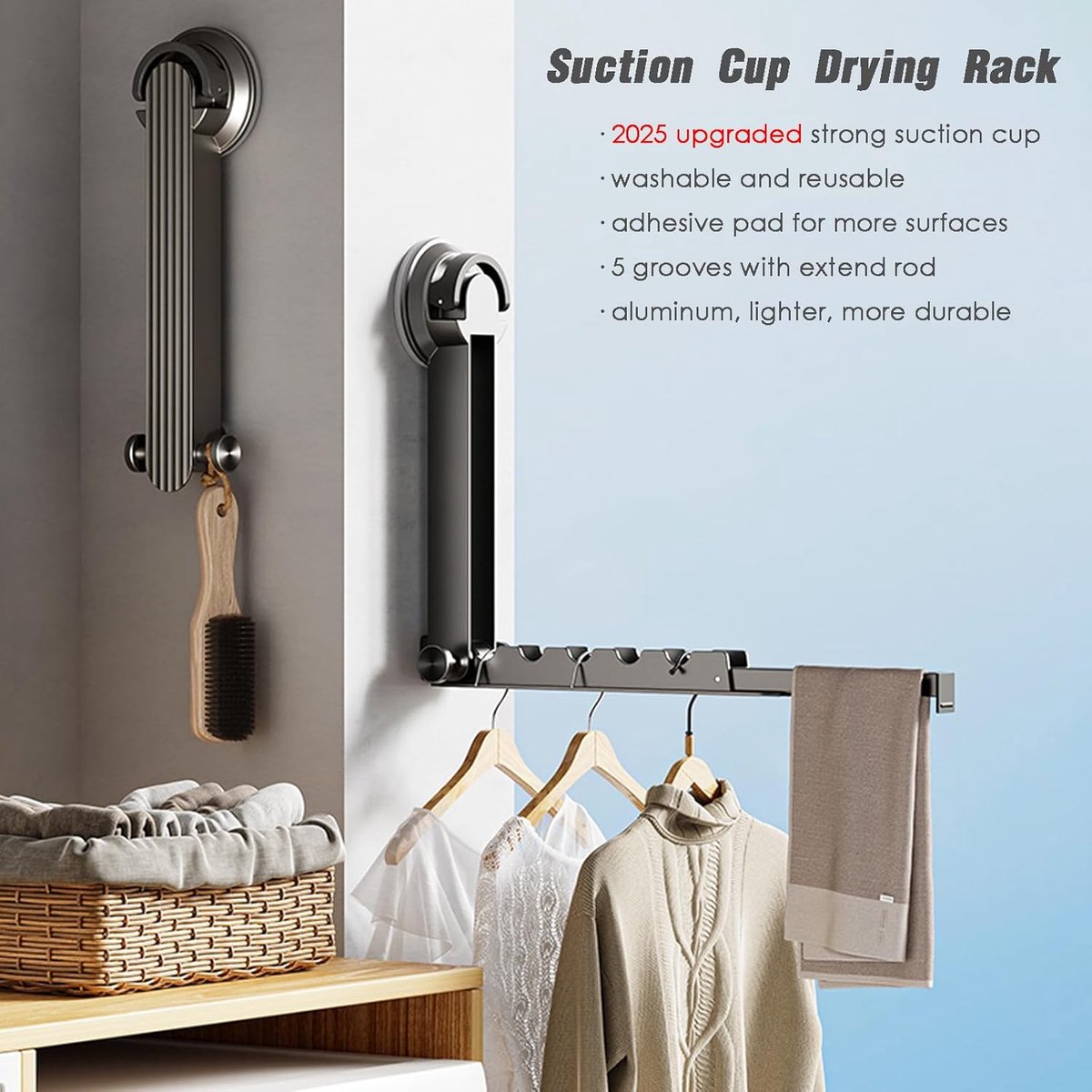 Wall drying rack - Foldable, aluminium, vacuum suction cup (grey) V1188-MS101-00770-1